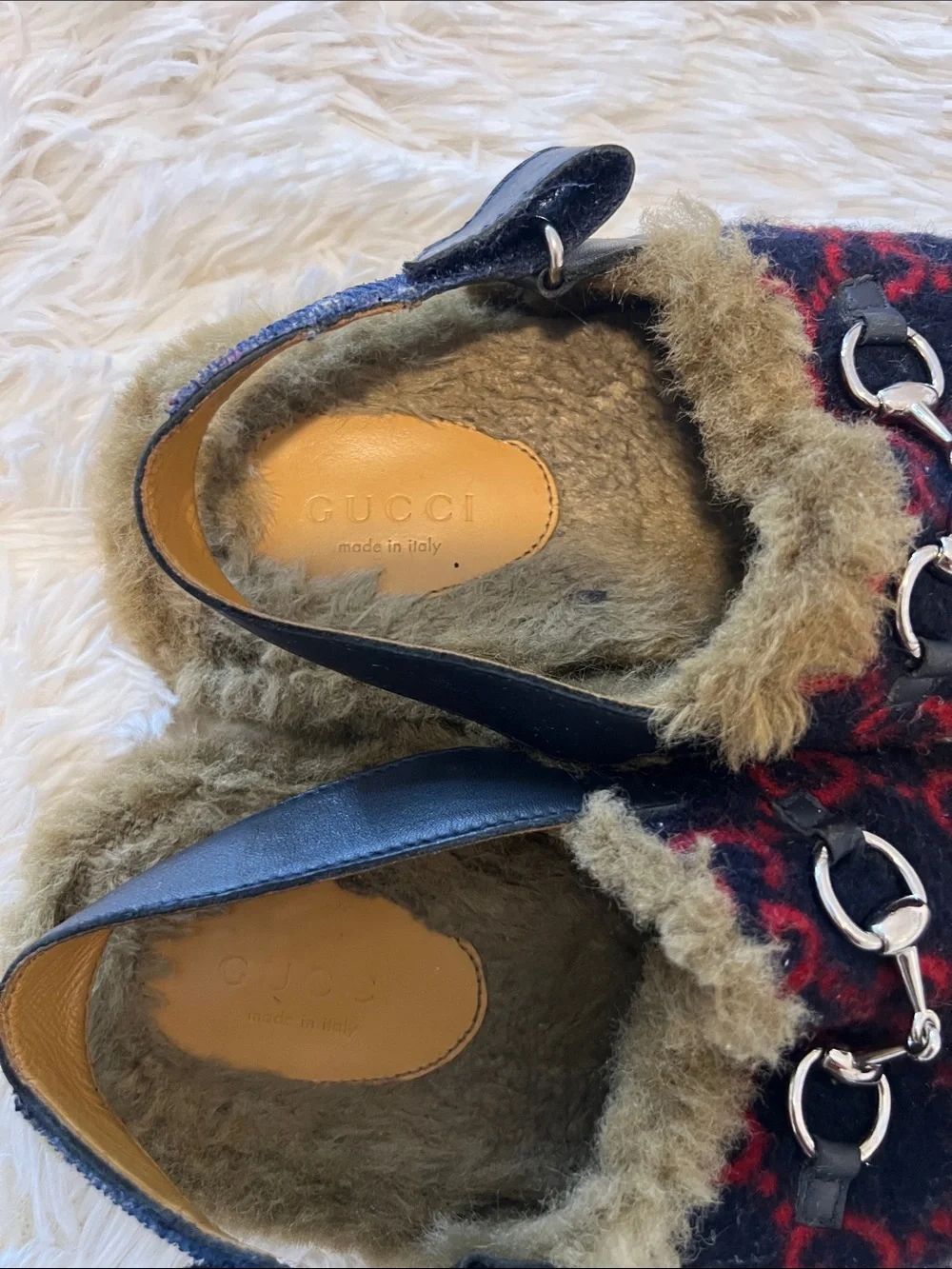 Gucci Kids Black & Red GG Wool Fur-Trim Horsebit Clogs
